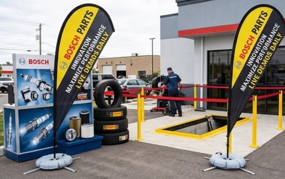 Black teardrop flags with a Bosch Parts Maximize Performance print outside a service bay