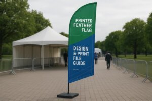Printed feather flag design template overlay with safe zone and stitch area
