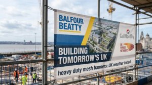 Outdoor mesh banner printing UK cover image showing a wind-stable mesh banner on a fence