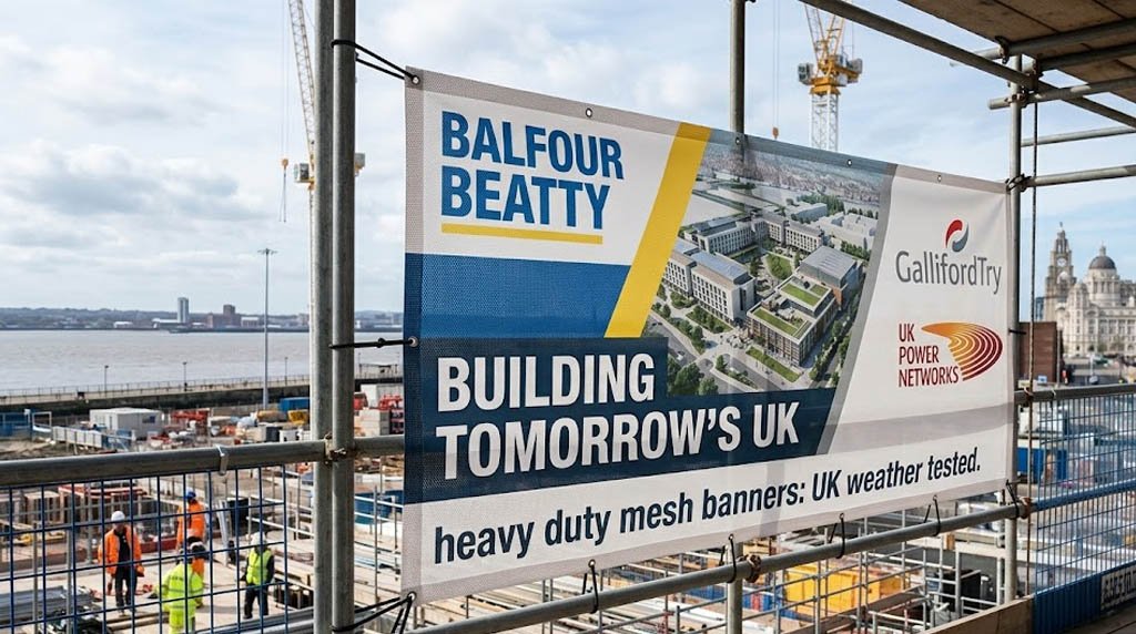 Outdoor mesh banner printing UK cover image showing a wind-stable mesh banner on a fence