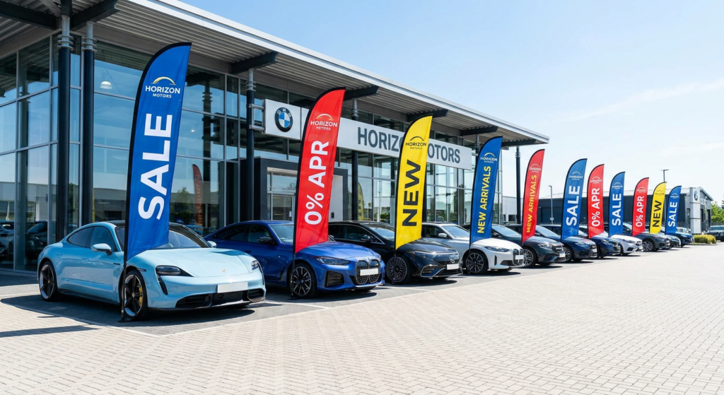 Automotive feather flags displayed on a car dealership lot
