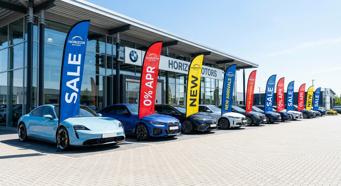 Automotive feather flags displayed on a car dealership lot