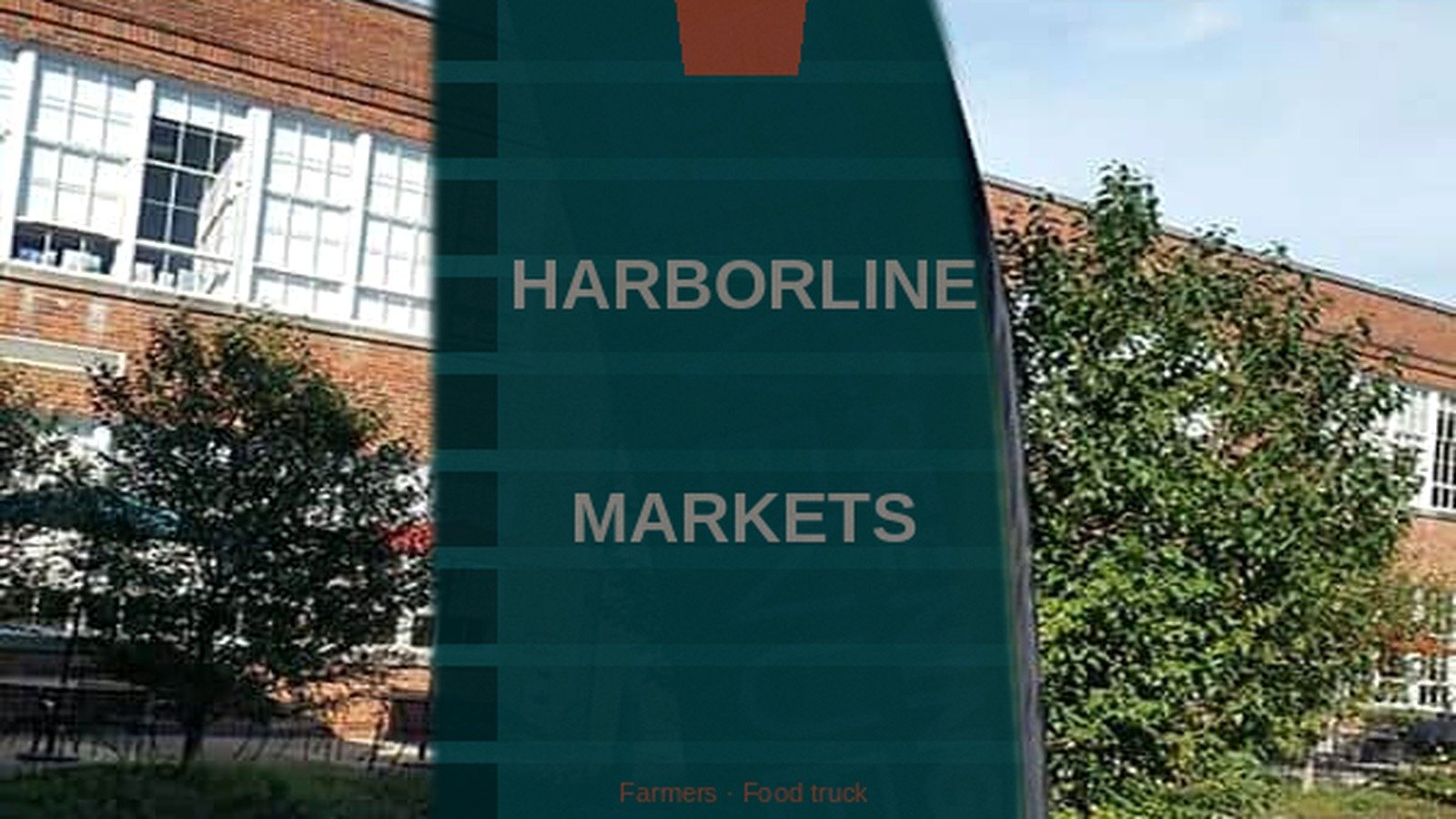 Custom feather flag banner with Harborline Markets invent branding at an outdoor event venue, curved top and straight free-fly bottom
