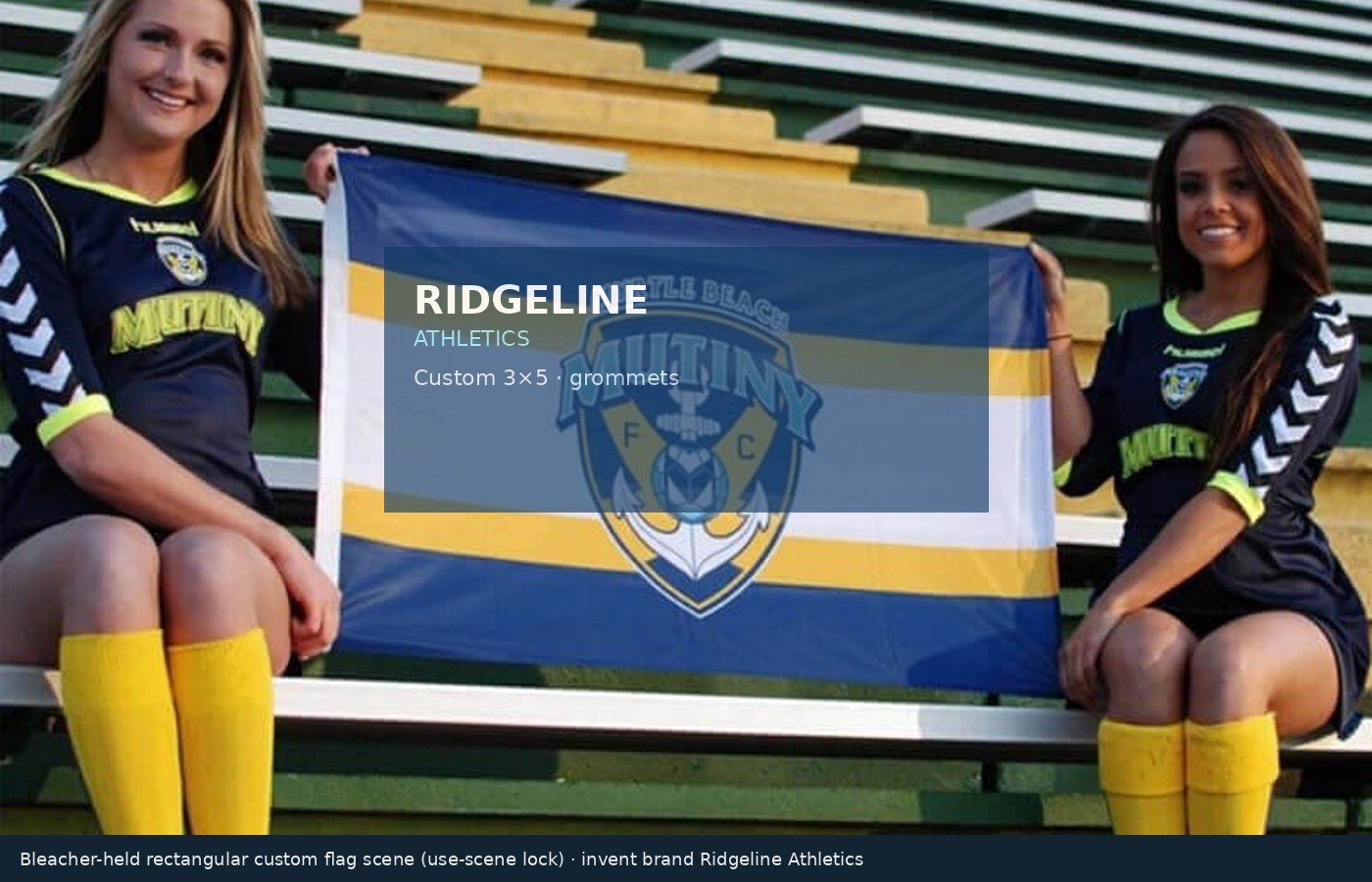 Two people on stadium bleachers holding a taut rectangular custom 3x5 printed flag with invent Ridgeline Athletics branding overlay