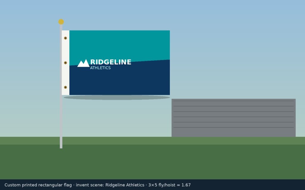 Outdoor 3x5 custom printed rectangular flag with Ridgeline Athletics invent branding, white hoist header and brass grommets on a pole at an event entrance