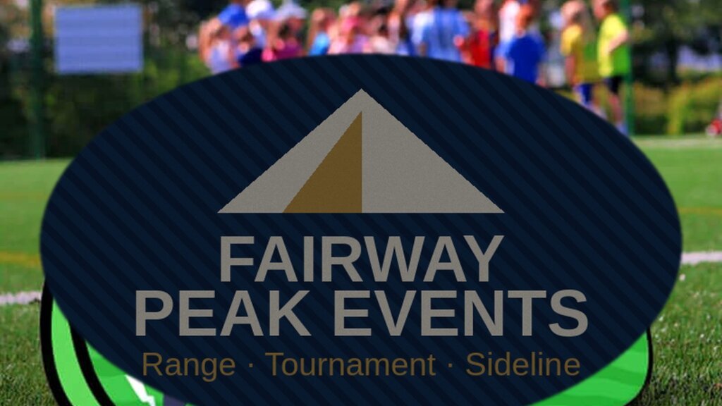 Horizontal oval custom pop-up A-frame banner on grass sports sideline with Fairway Peak Events invent branding