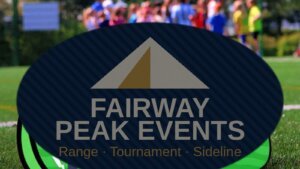 Horizontal oval custom pop-up A-frame banner on grass sports sideline with Fairway Peak Events invent branding