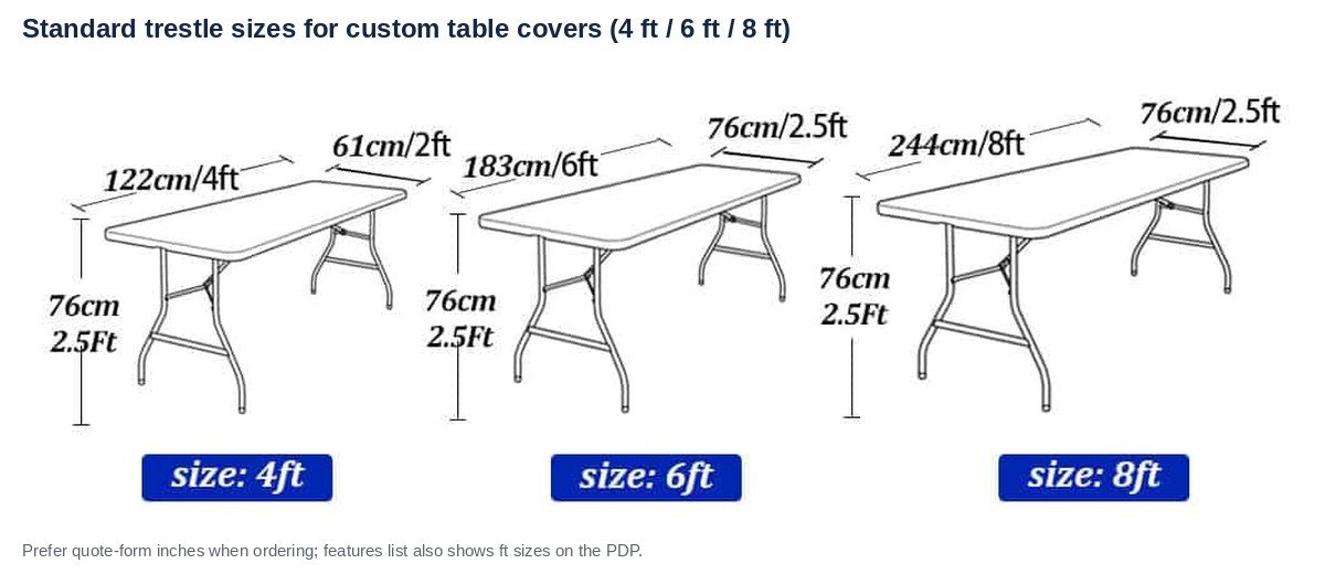 Size guide showing empty 4 ft, 6 ft, and 8 ft rectangular trestle tables for custom table covers