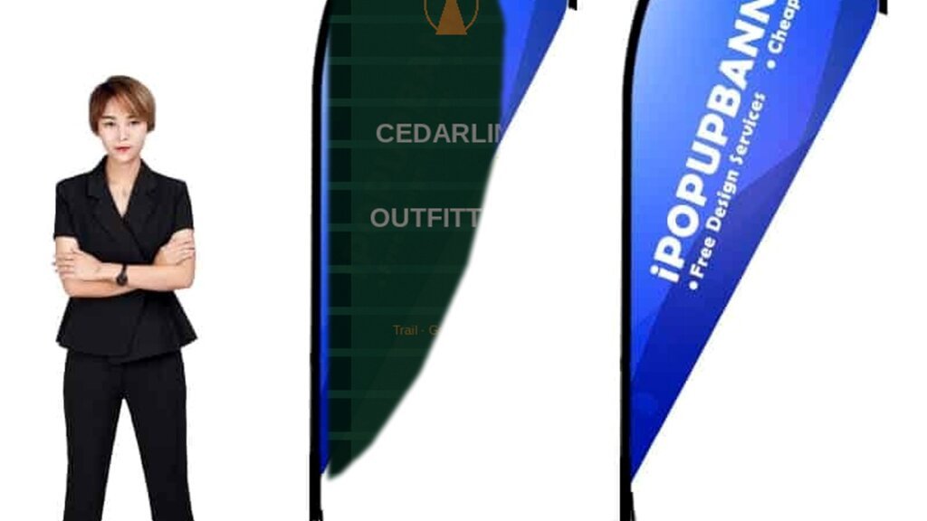 Custom teardrop flag banners with Cedarline Outfitters invent branding beside a person for scale, closed slender loop fabric returning to the pole, cross base with water bag and ground spike shown