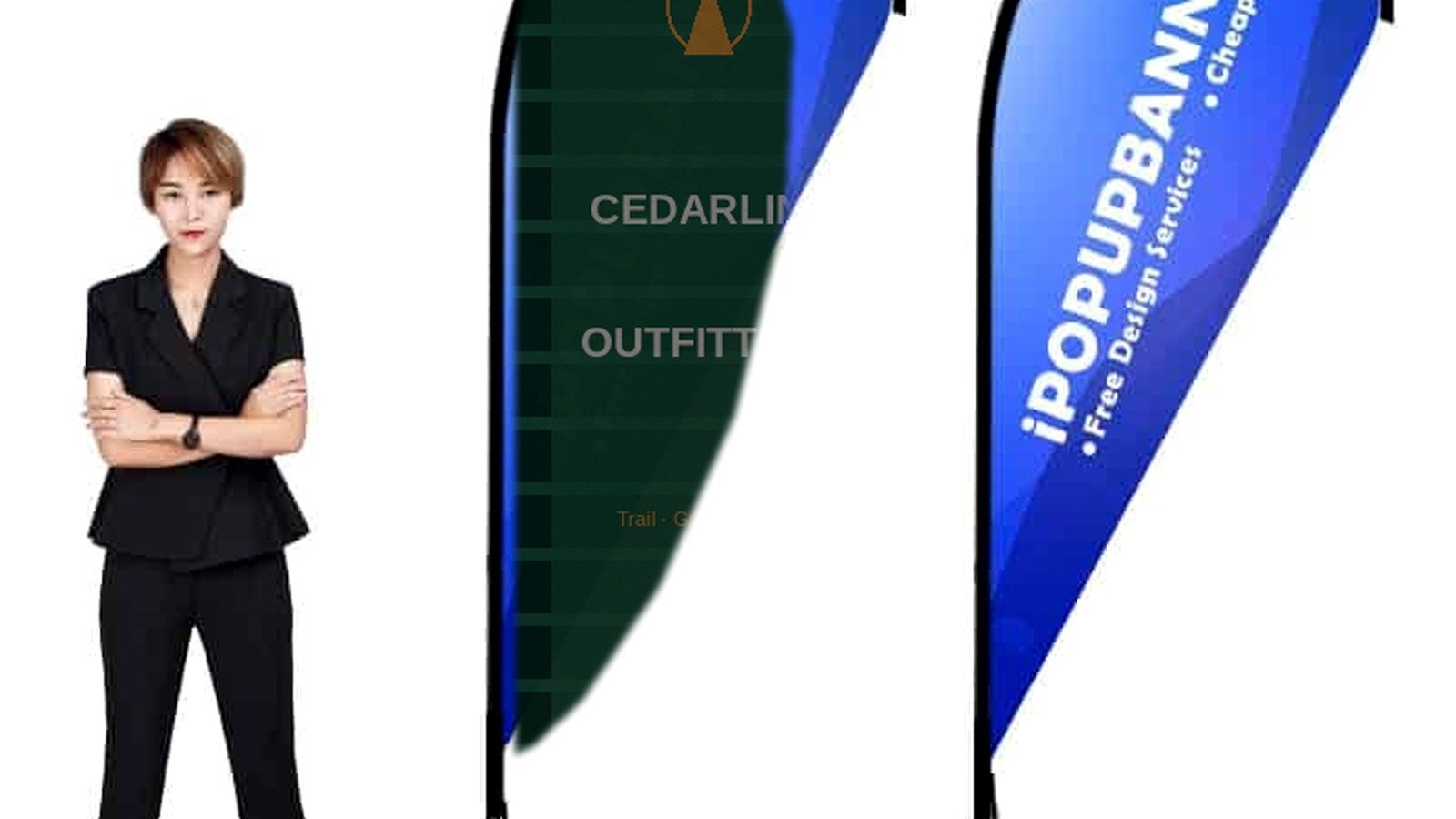 Custom teardrop flag banners with Cedarline Outfitters invent branding beside a person for scale, closed slender loop fabric returning to the pole, cross base with water bag and ground spike shown