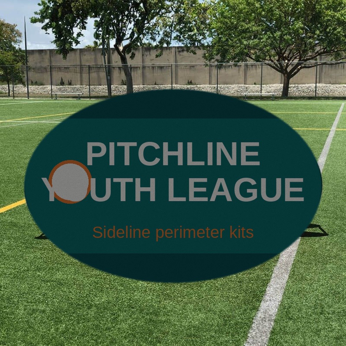 Horizontal oval pop-up A-frame banner on artificial turf kids pitch sideline with Pitchline Youth League invent branding