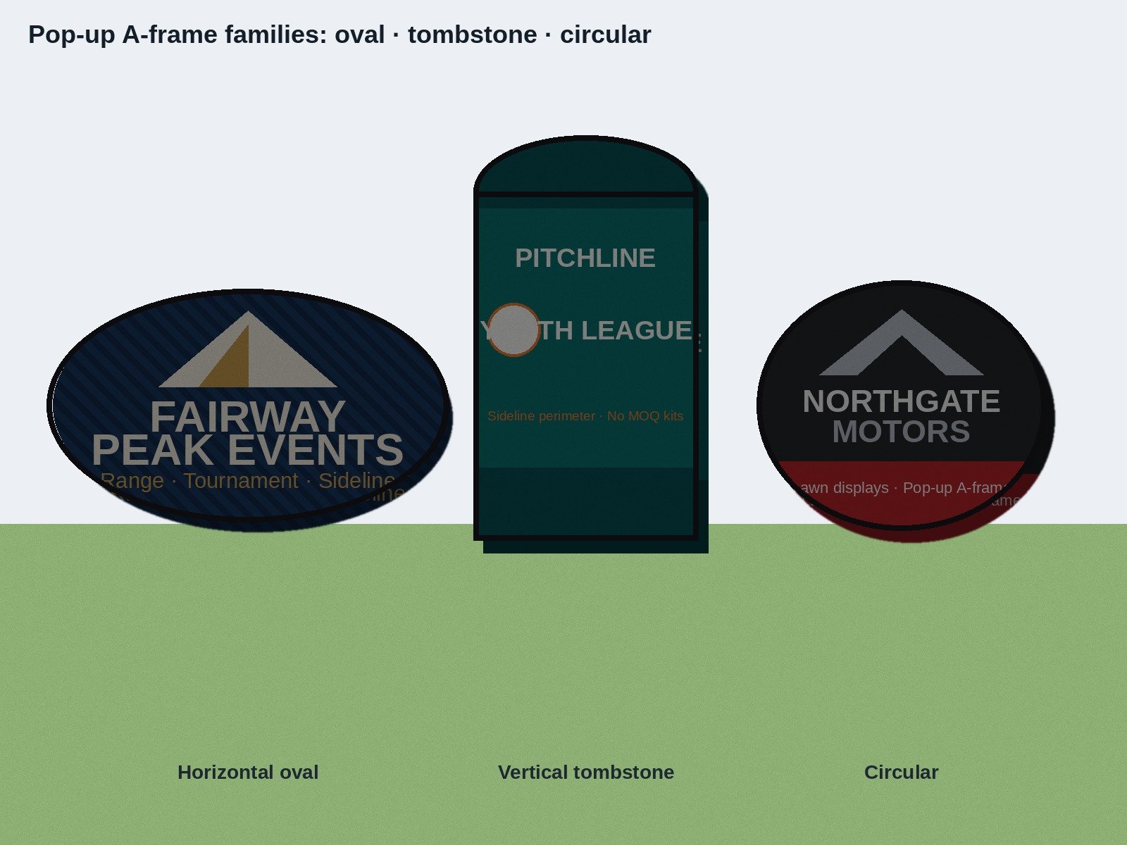 Comparison of horizontal oval, vertical tombstone, and circular custom pop-up A-frame banner shapes