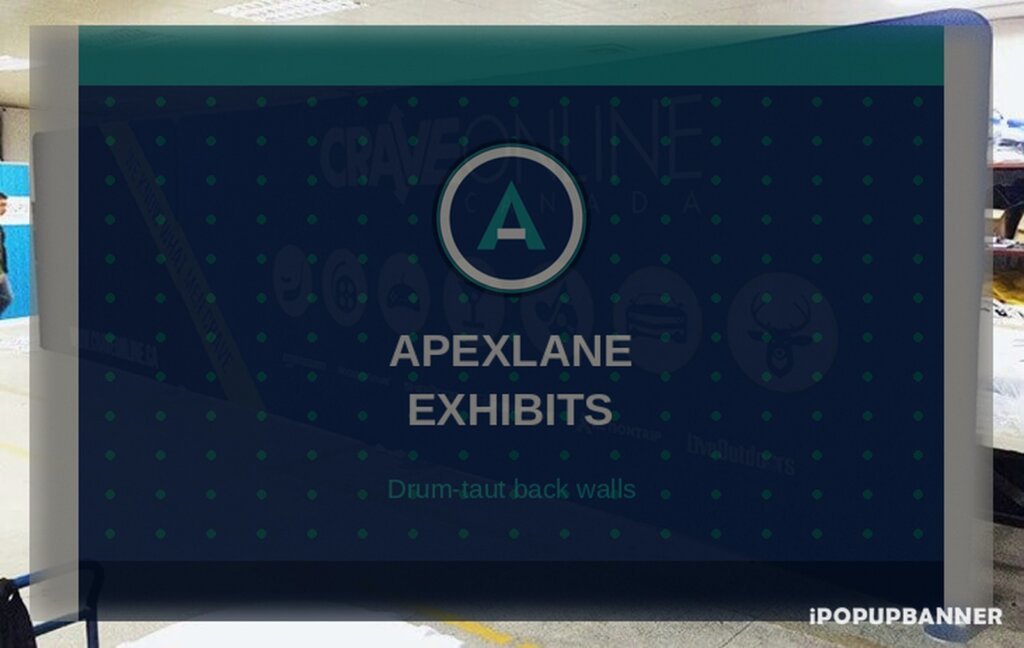 Straight tension fabric display back wall with Apexlane Exhibits invent branding, drum-taut pillowcase on aluminum tube frame in an indoor booth warehouse scene