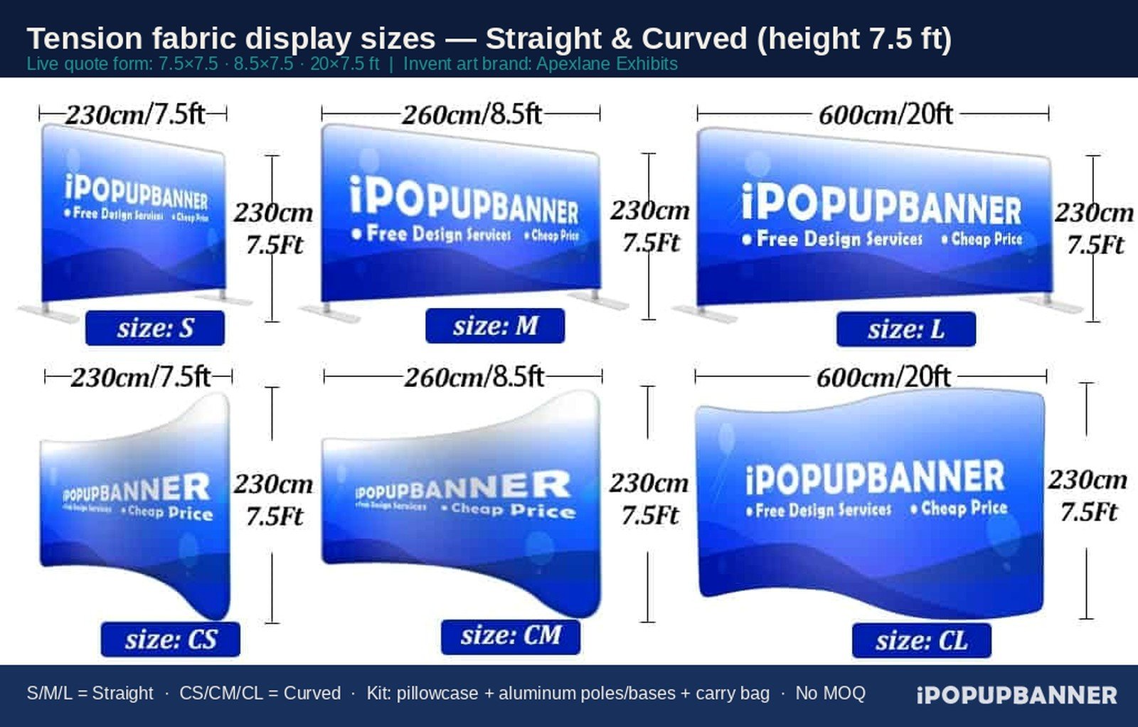 Tension fabric display sizes comparison chart Straight S M L and Curved CS CM CL all height 7.5 ft with aluminum T-feet