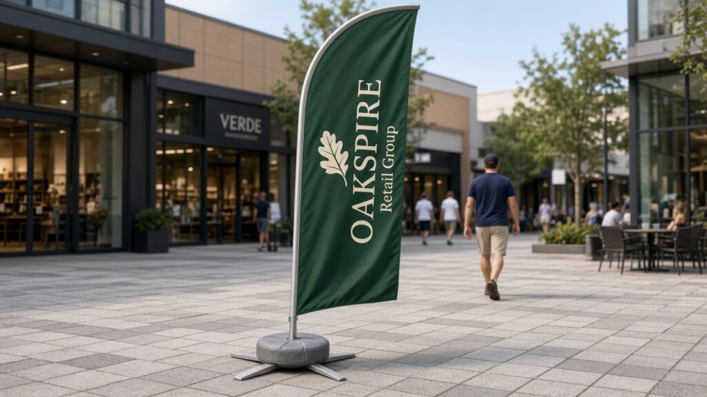 Custom feather flag with a curved top and straight bottom on a silver cross base with a grey water bag, Oakspire Retail Group printed on the green blade, shopping plaza pavers