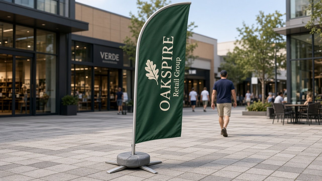 Custom feather flag with a curved top and straight bottom on a silver cross base with a grey water bag, Oakspire Retail Group printed on the green blade, shopping plaza pavers