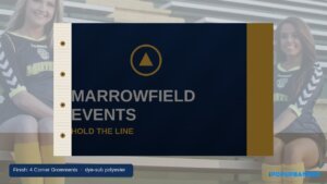 Custom rectangular printed flag with brass grommets on canvas hoist, Marrowfield Events print face, dye-sub polyester