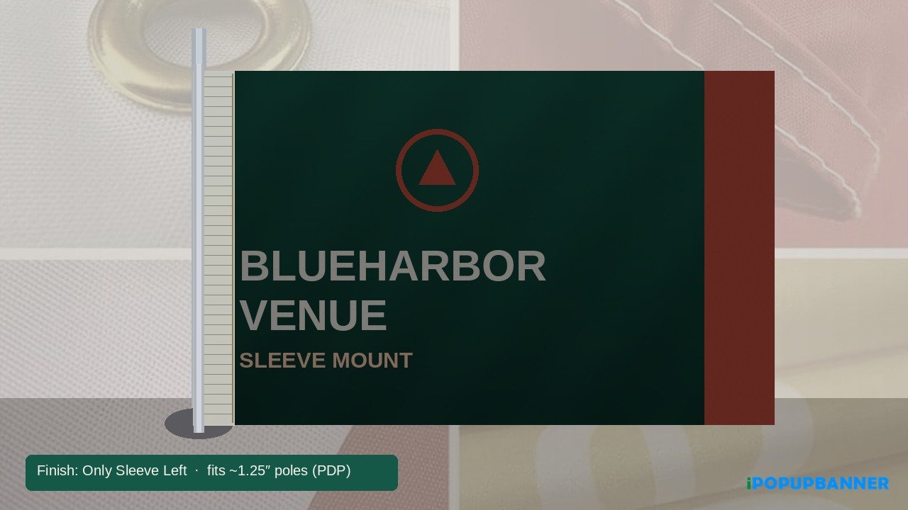 Custom rectangular flag with left pole sleeve mounted on aluminum pole, Blueharbor Venue print, 1.25 inch sleeve callout