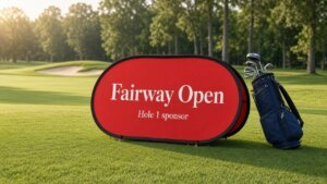 Horizontal oval custom pop-up A-frame banner with a black spring rim on a golf lawn, Fairway Open printed on the face, ground pegs, and a bag beside it
