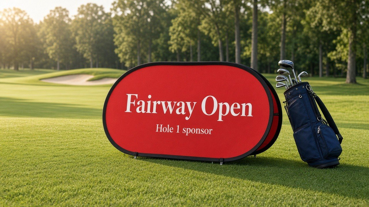 Horizontal oval custom pop-up A-frame banner with a black spring rim on a golf lawn, Fairway Open printed on the face, ground pegs, and a bag beside it