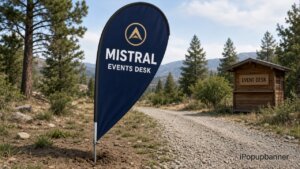 Custom teardrop flag with a closed tip meeting the pole on an inground spike in soil beside a gravel path, Mistral Events print on the navy blade, event desk signboard