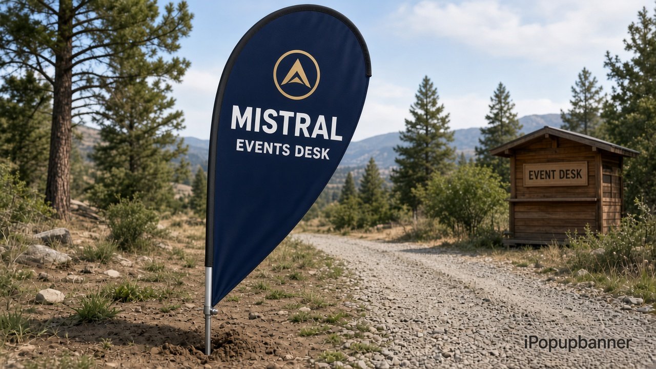 Custom teardrop flag with a closed tip meeting the pole on an inground spike in soil beside a gravel path, Mistral Events print on the navy blade, event desk signboard