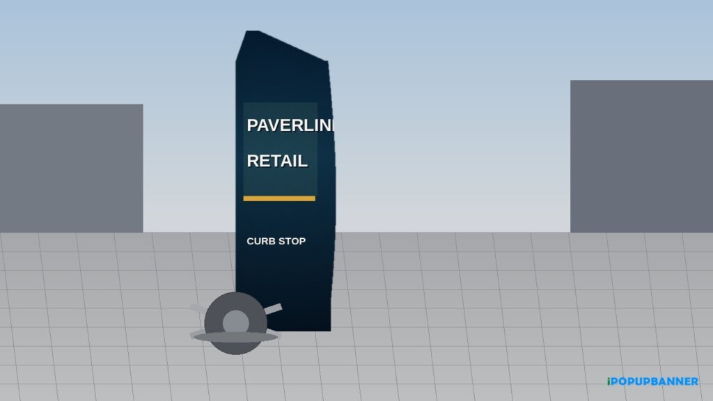 Feather flag with cross base and water bag on plaza pavers, Paverline Retail CURB STOP print on blade face, iPopupbanner watermark
