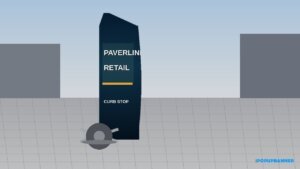 Feather flag with cross base and water bag on plaza pavers, Paverline Retail CURB STOP print on blade face, iPopupbanner watermark