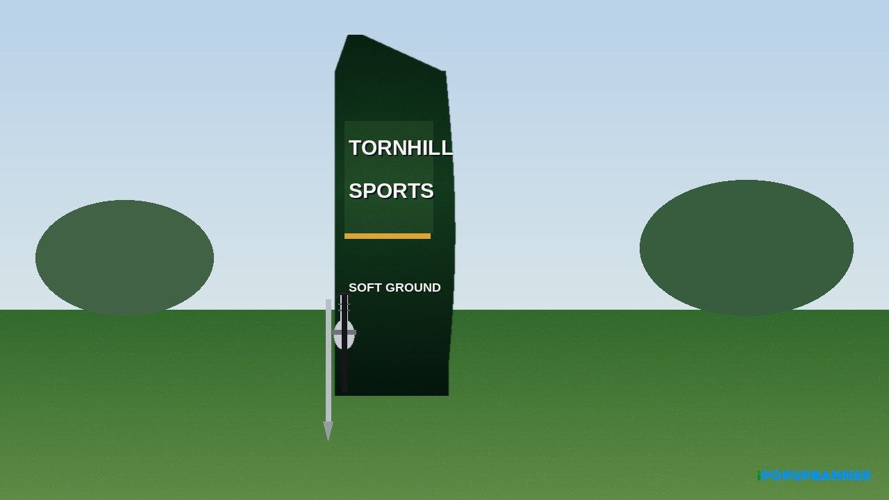 Feather flag on grass with inground spike parallel offset joint, Tornhill Sports SOFT GROUND print on blade, iPopupbanner watermark