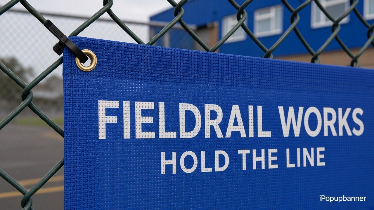 Mesh fence banner grommet and hem finish detail with Fieldrail Works print on mesh face, iPopupbanner watermark