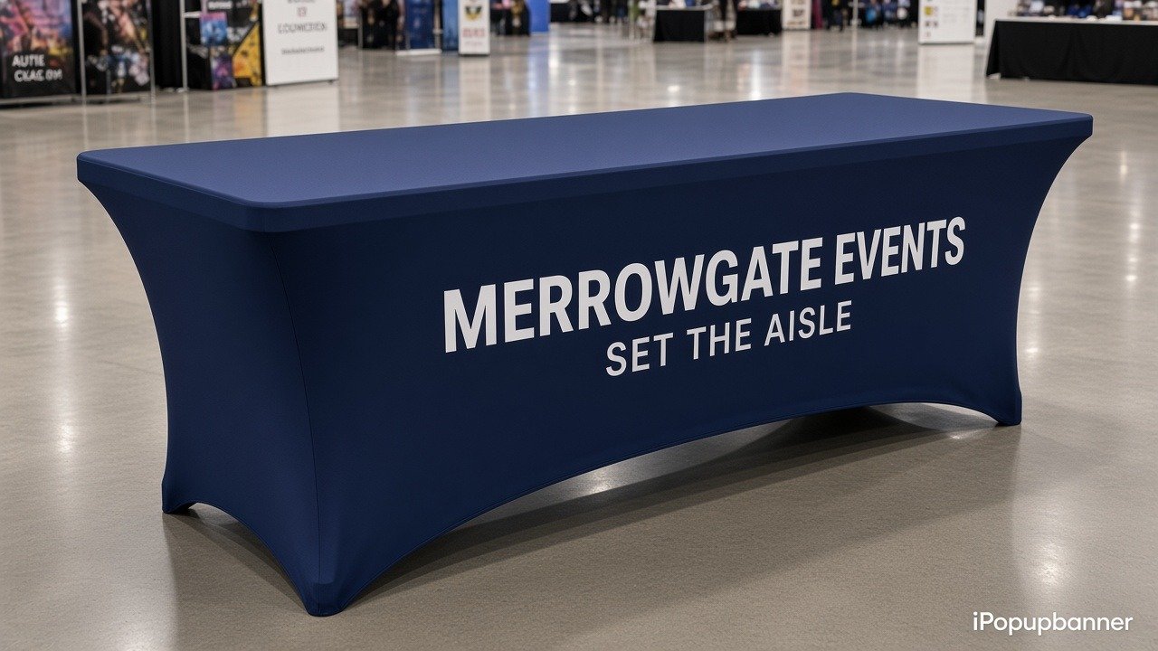 Stretch table covers with logo Merrowgate Events branded booth table scene, dye-sub print on fabric face, iPopupbanner watermark