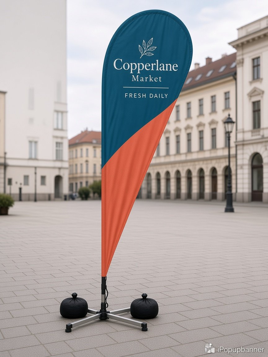 Teardrop flag Single Sided Reverse on plaza with cross base and water bag, Copperlane Market FRESH DAILY print on closed-loop face, iPopupbanner watermark