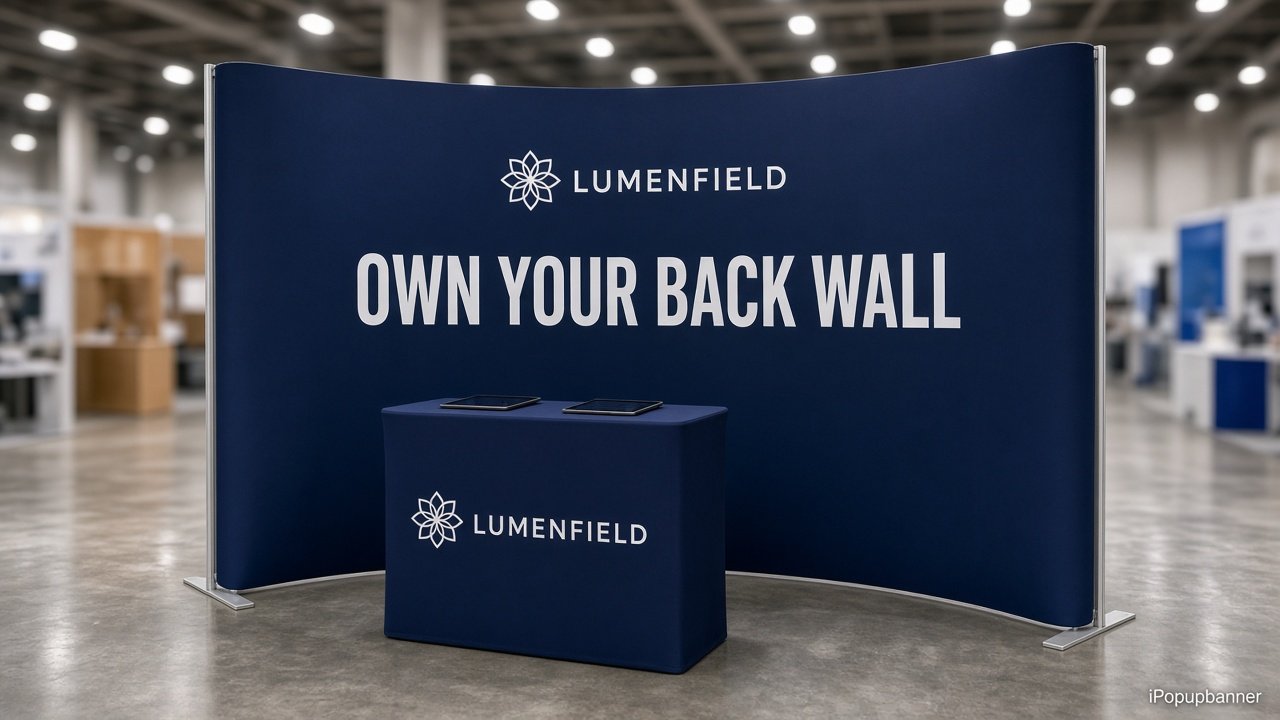 Curved tension fabric display pillowcase booth wall with Lumenfield Events Own Your Back Wall print, drum-taut wave wall indoor booth scene