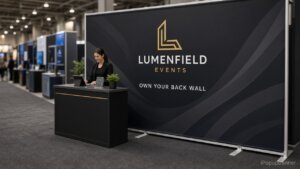 Tension fabric display pillowcase booth back wall with Lumenfield Events print on a drum-taut straight wall in a warehouse staging area, silver T-feet strip visible, iPopupbanner watermark