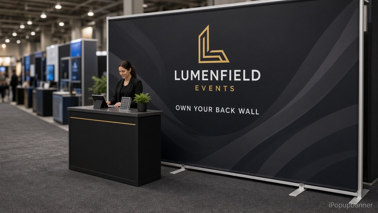 Tension fabric display pillowcase booth back wall with Lumenfield Events print on a drum-taut straight wall in a warehouse staging area, silver T-feet strip visible, iPopupbanner watermark