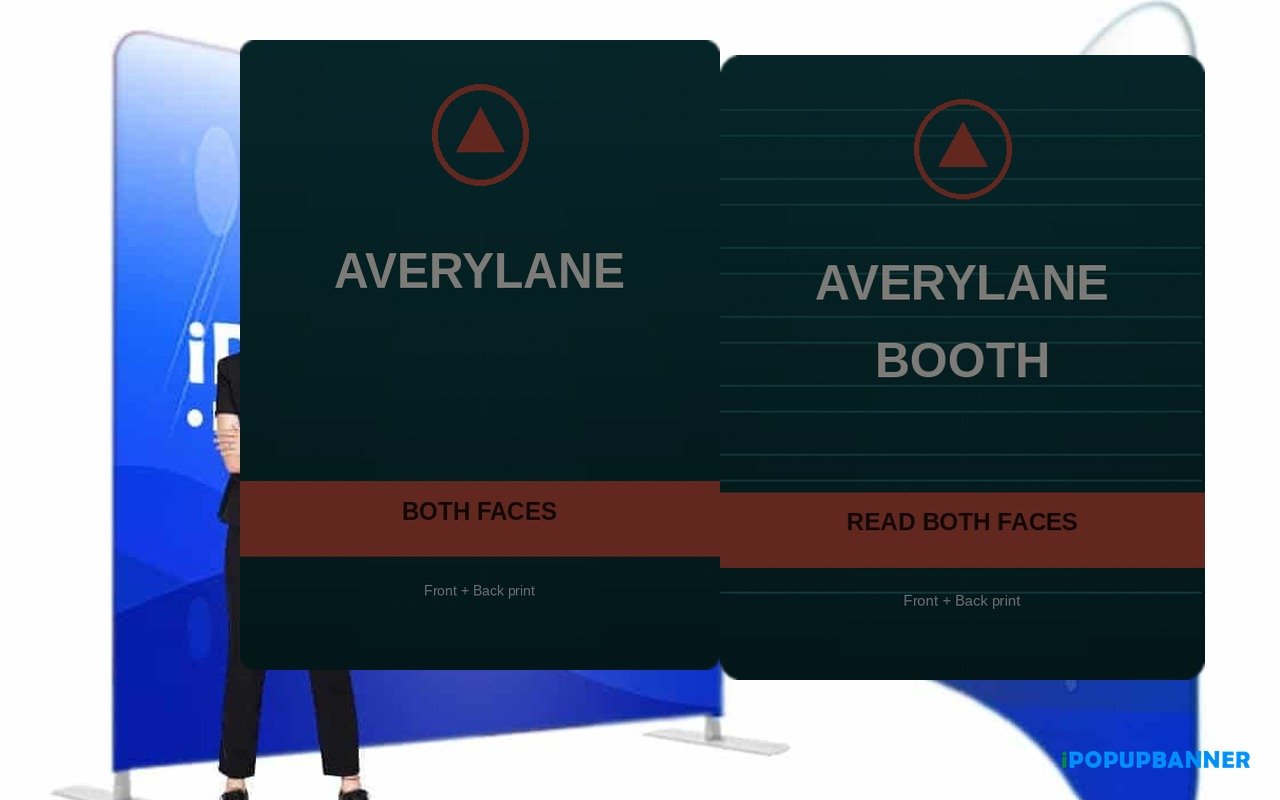 Straight and curved tension fabric displays at person height with Averylane Booth READ BOTH FACES print on drum-taut pillowcase faces, silver T-feet, iPopupbanner watermark