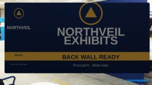 Straight tension fabric display pillowcase booth wall with Northveil Exhibits BACK WALL READY print fused on drum-taut face, silver T-feet, front print white back note, iPopupbanner watermark