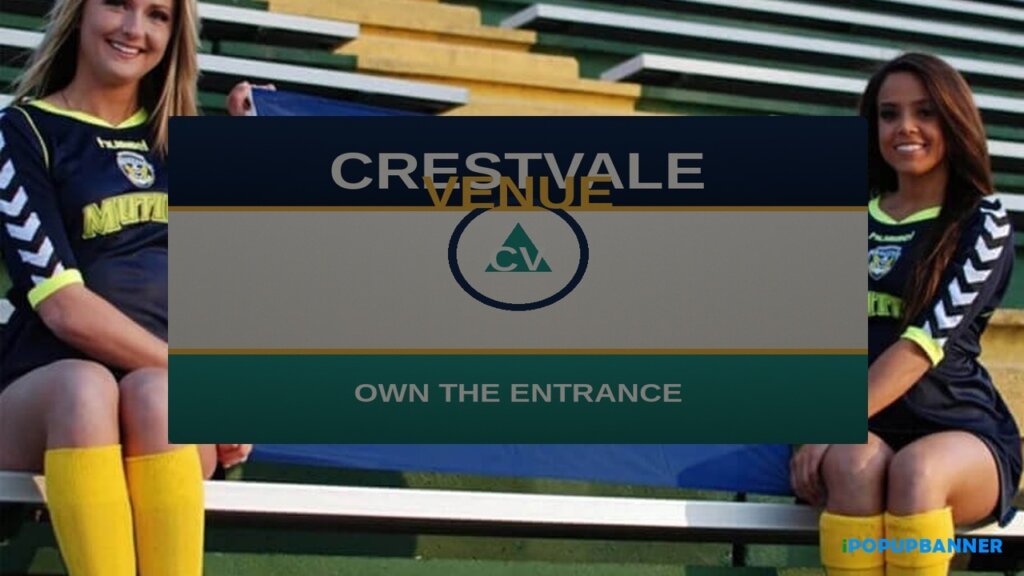 Wholesale custom flags rectangular Crestvale Venue print held taut on stadium bleachers, brass-ready hoist edge visible, iPopupbanner watermark