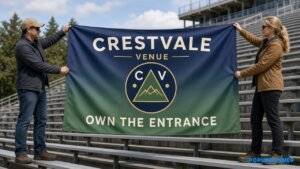 Wholesale custom flags rectangular Crestvale Venue print held taut on stadium bleachers, brass-ready hoist edge visible, iPopupbanner watermark