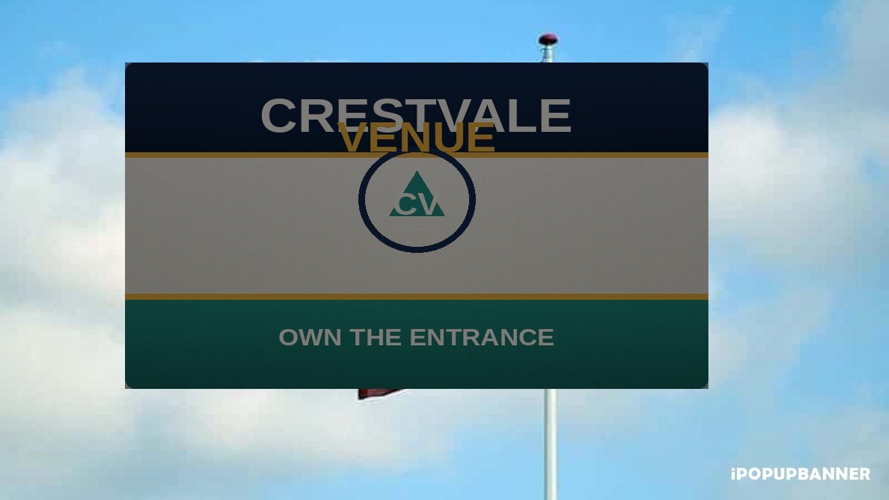 Outdoor wholesale custom flags rectangular Crestvale Venue Own The Entrance print on a pole against sky, dye-sub polyester look, iPopupbanner watermark