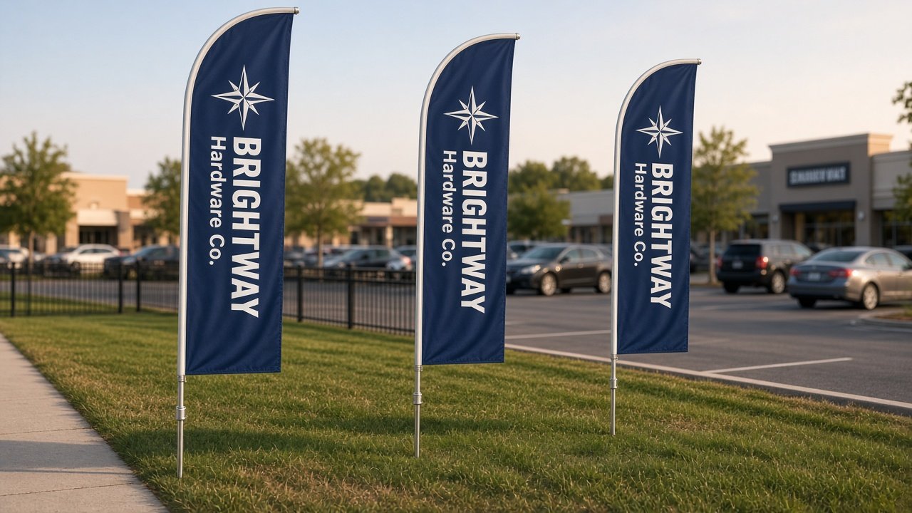 Row of three wholesale feather flags on inground spike bases in the grass verge beside a retail park parking lot, Brightway Hardware Co. printed on navy blades