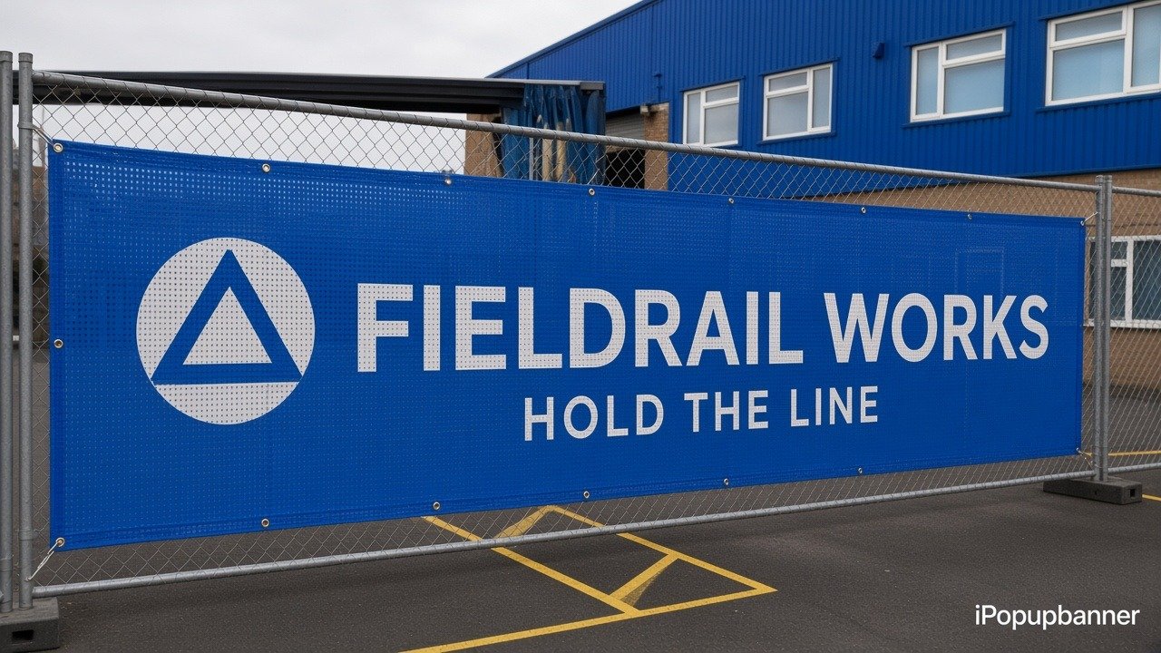 Wholesale mesh fence banners Fieldrail Works Hold The Line print on rectangular mesh panel zip-tied to industrial fence, iPopupbanner watermark