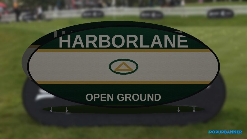 Wholesale pop up a frame banner Harborlane OPEN GROUND print on horizontal oval spring-steel A-frame on grass sideline, iPopupbanner watermark