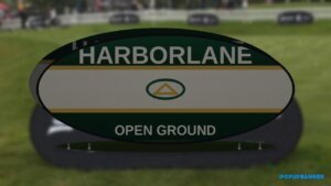 Wholesale pop up a frame banner Harborlane OPEN GROUND print on horizontal oval spring-steel A-frame on grass sideline, iPopupbanner watermark
