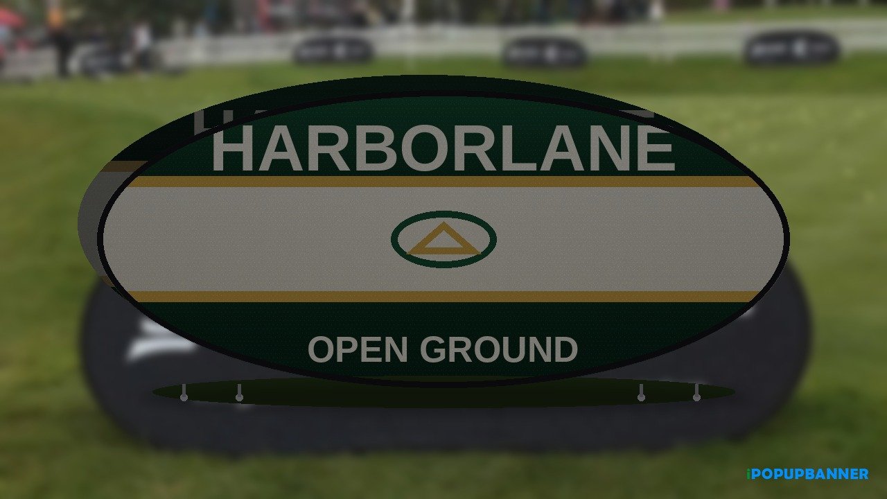 Wholesale pop up a frame banner Harborlane OPEN GROUND print on horizontal oval spring-steel A-frame on grass sideline, iPopupbanner watermark