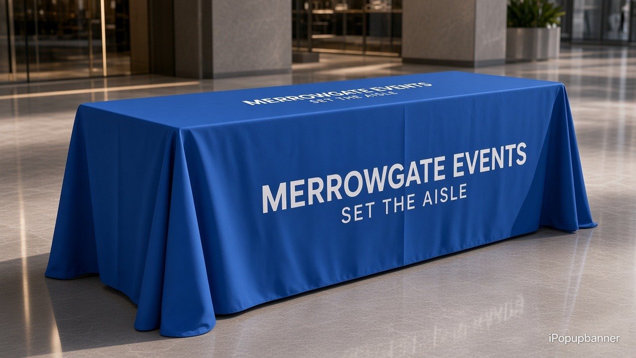 Wholesale custom table covers Standard throw Merrowgate Events Set The Aisle print on long rectangular trestle, closed-back drape, iPopupbanner watermark