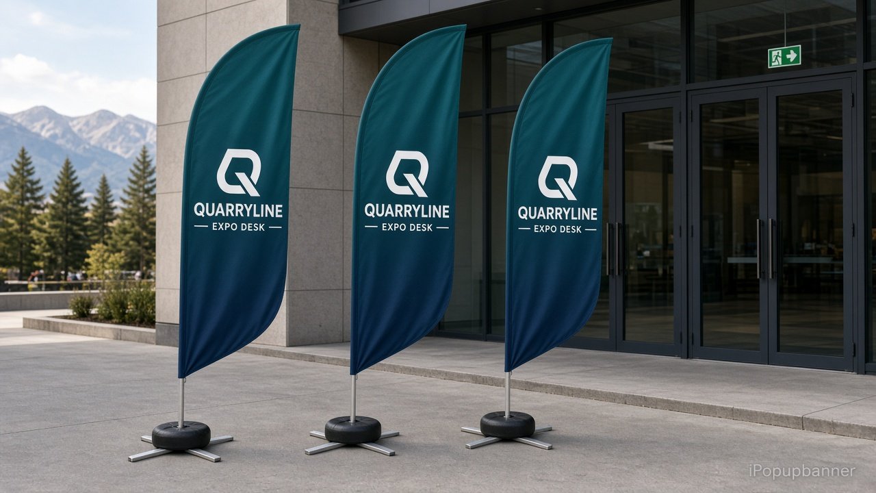 Row of three wholesale teardrop flags on cross bases with water bags on a concrete venue apron, Quarryline Expo print on the dark green blades